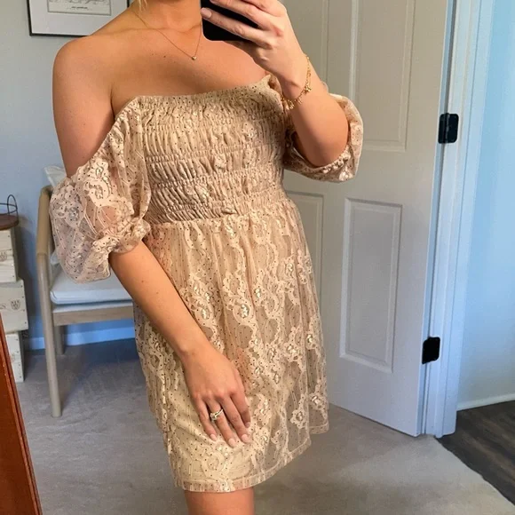 NWT NSR Cream Lace Boho Cottage Core Polka Dot Off-Shoulder Mini Dress - Picture 9 of 10